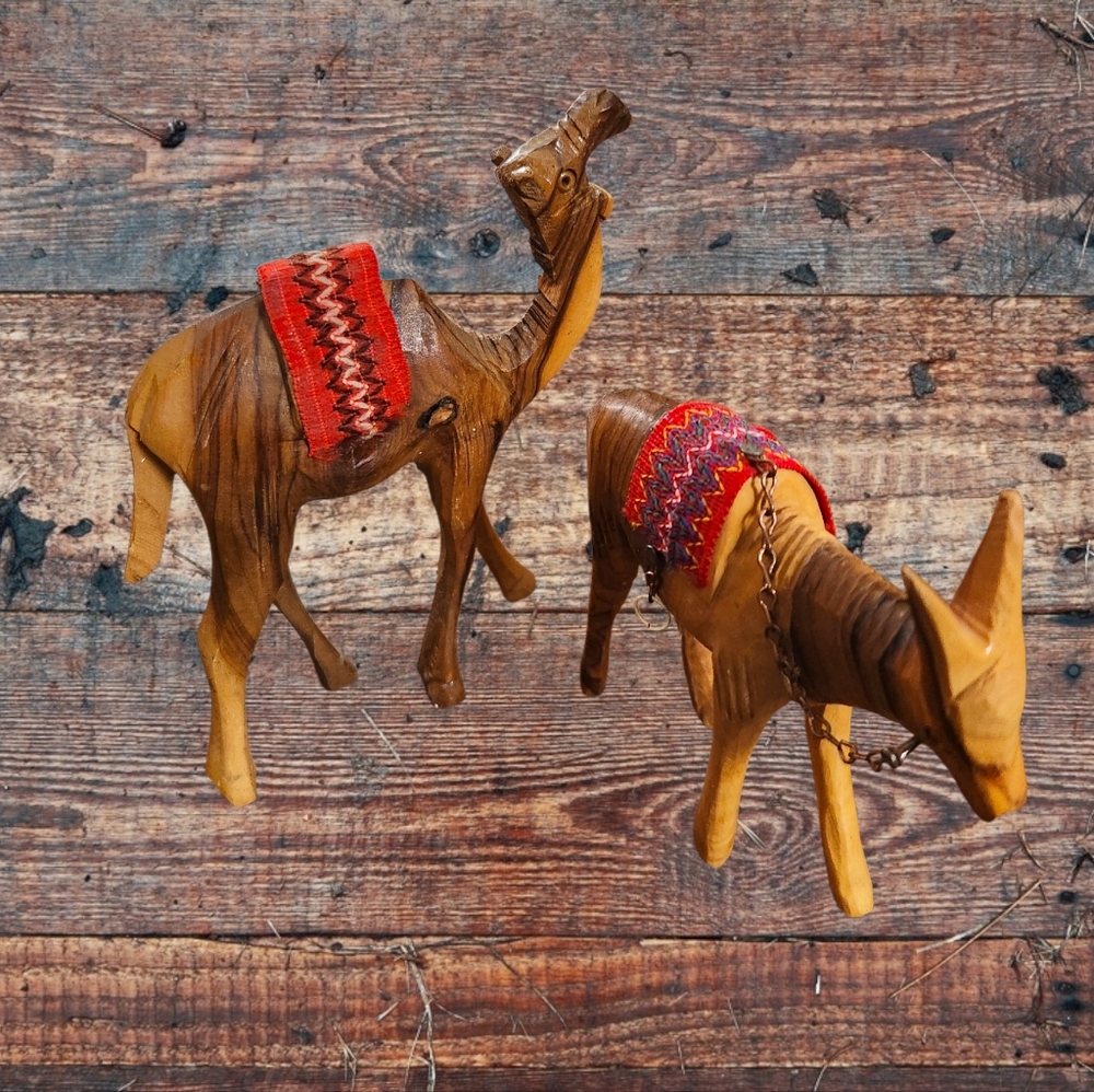 Middle Eastern Hand Carved Olive Wood Animal Figurines with Red Saddles Set Of 2 - Picture 2 of 6